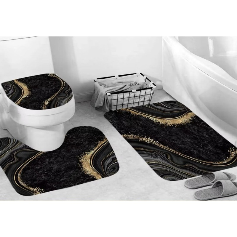 Polyester 3D-Printed Waterproof Marble Pattern Shower Curtain Non-Slip Mat 4PCS Bathroom Accessories