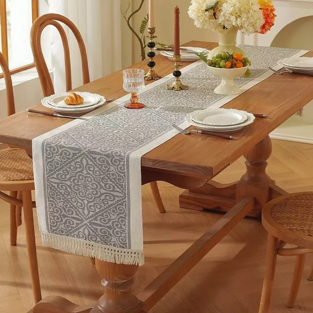Available Designs Jacquard Polyester Coffee Table Runner with Tassels MOQ 10PCS