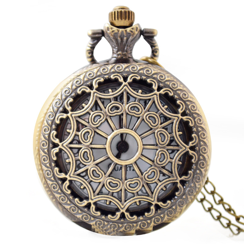 Quartz Bronze Fine Chain Vintage Exquisite Carving Pattern Hollow Spiderweb Pocket Watch