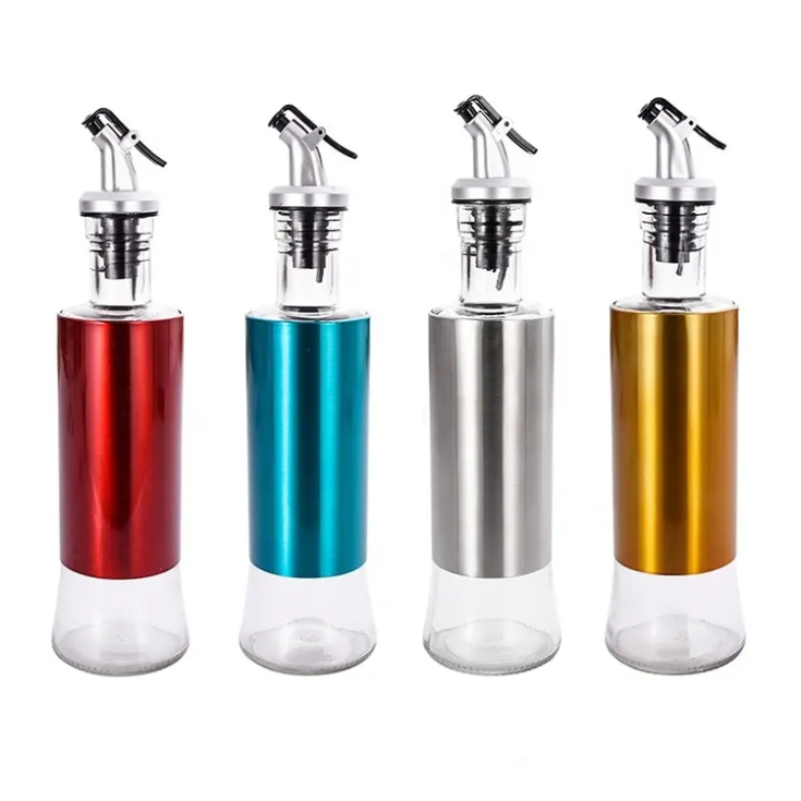 Kitchen Cooking Wine Soy Sauce BBQ Bottles Condiment Containers 300ml 10oz Oil Dispenser Glass Cruet with Stainless Steel Shell