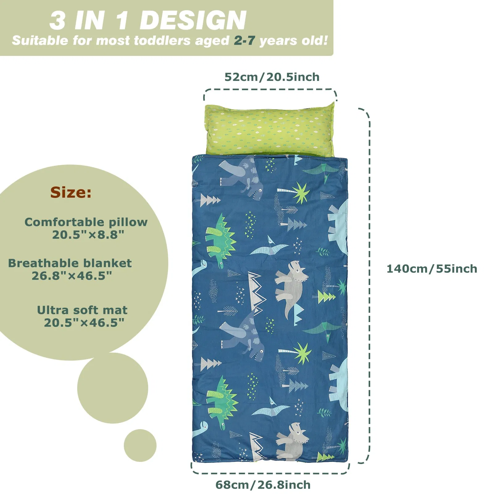 Rollup Design Kid Sleeping Mat with Removable Pillow & Minky Blanket