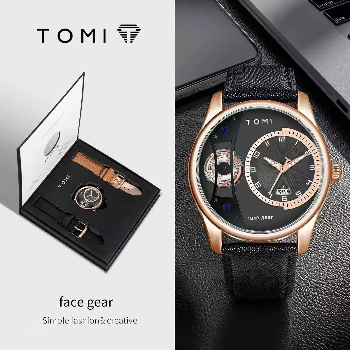 Tomi T105 Leather Band Fashion Gift Box Business Casual Men's Quartz Watch