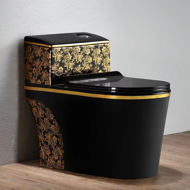 Gold-Plated Black & Gold Ceramic One-Piece Toilet Bowl Water Closet