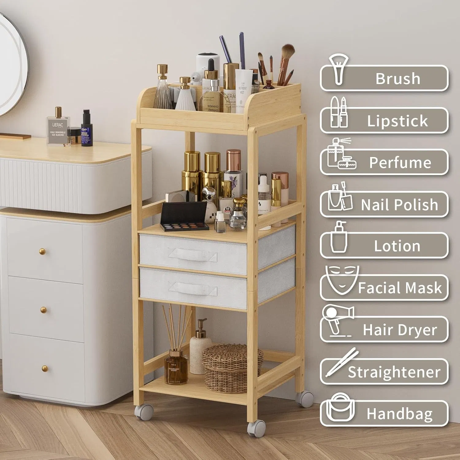 Multi Purpose Bamboo Storage Rack with Wheeled Fabric for Skincare Products