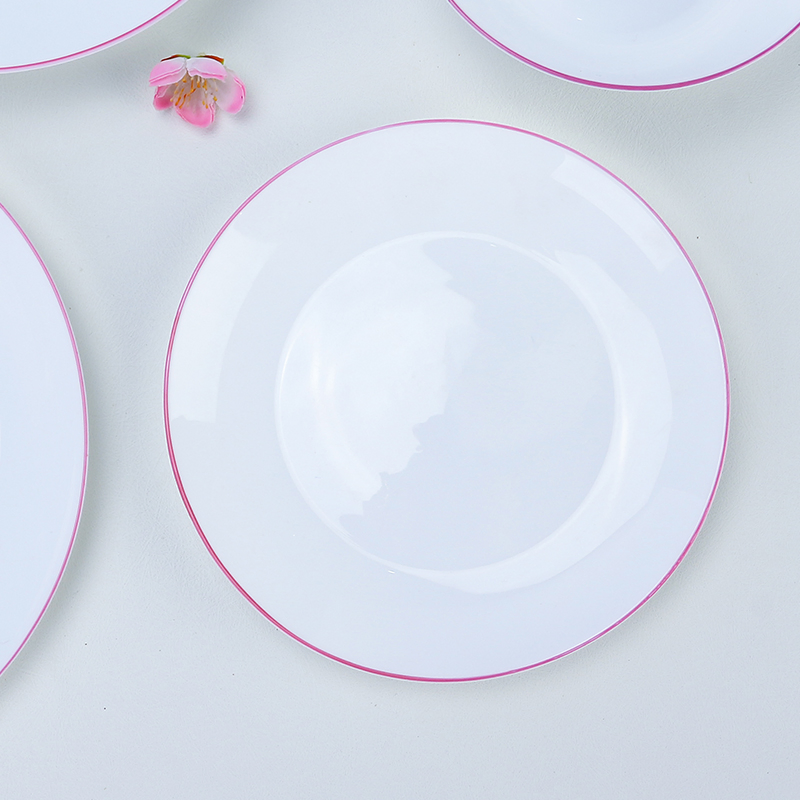 Modern Round Opal Glassware Plate with Vibrant Red Trim Design