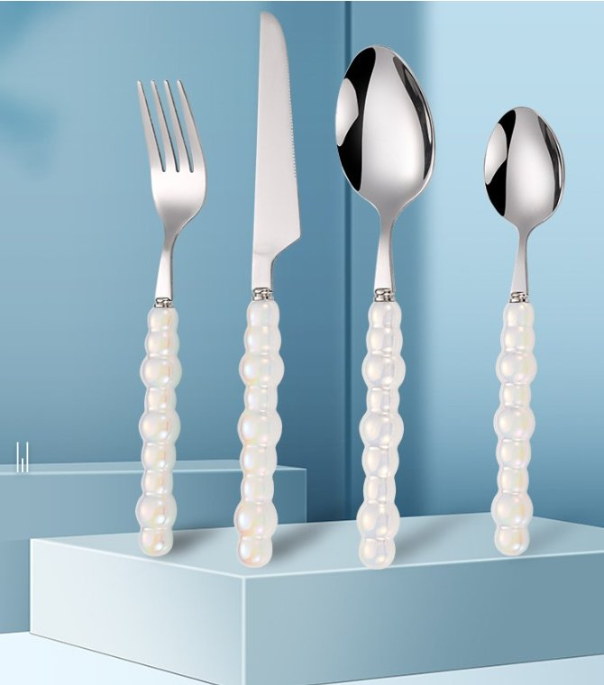 New Stainless Steel Cutlery Set Knife Fork Spoon Pearl Ceramic Handle Flatware Set