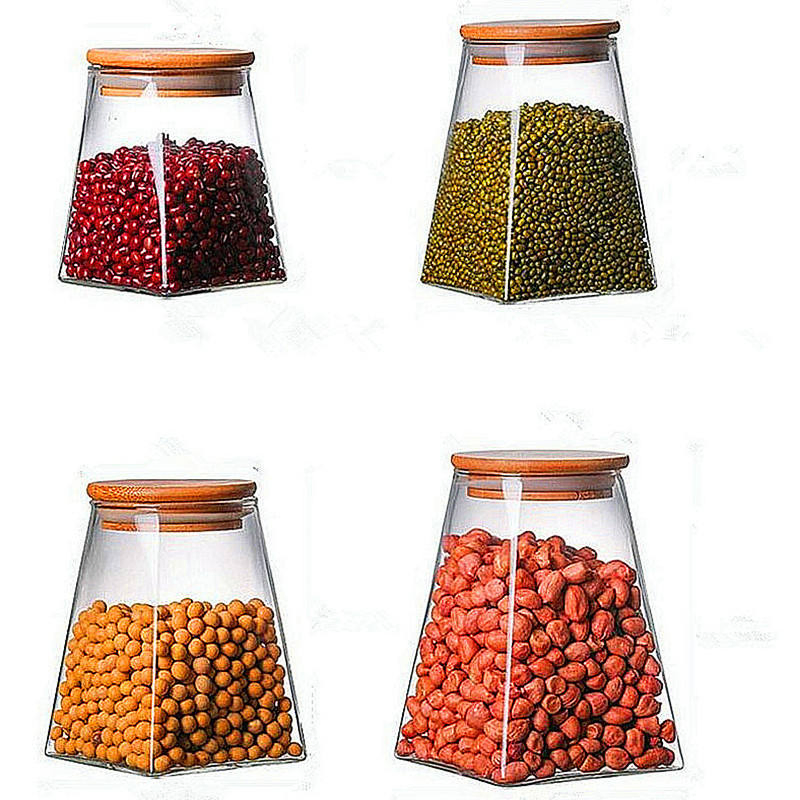 Квадратные стеклянные банки для хранения с бамбуковой крышкой