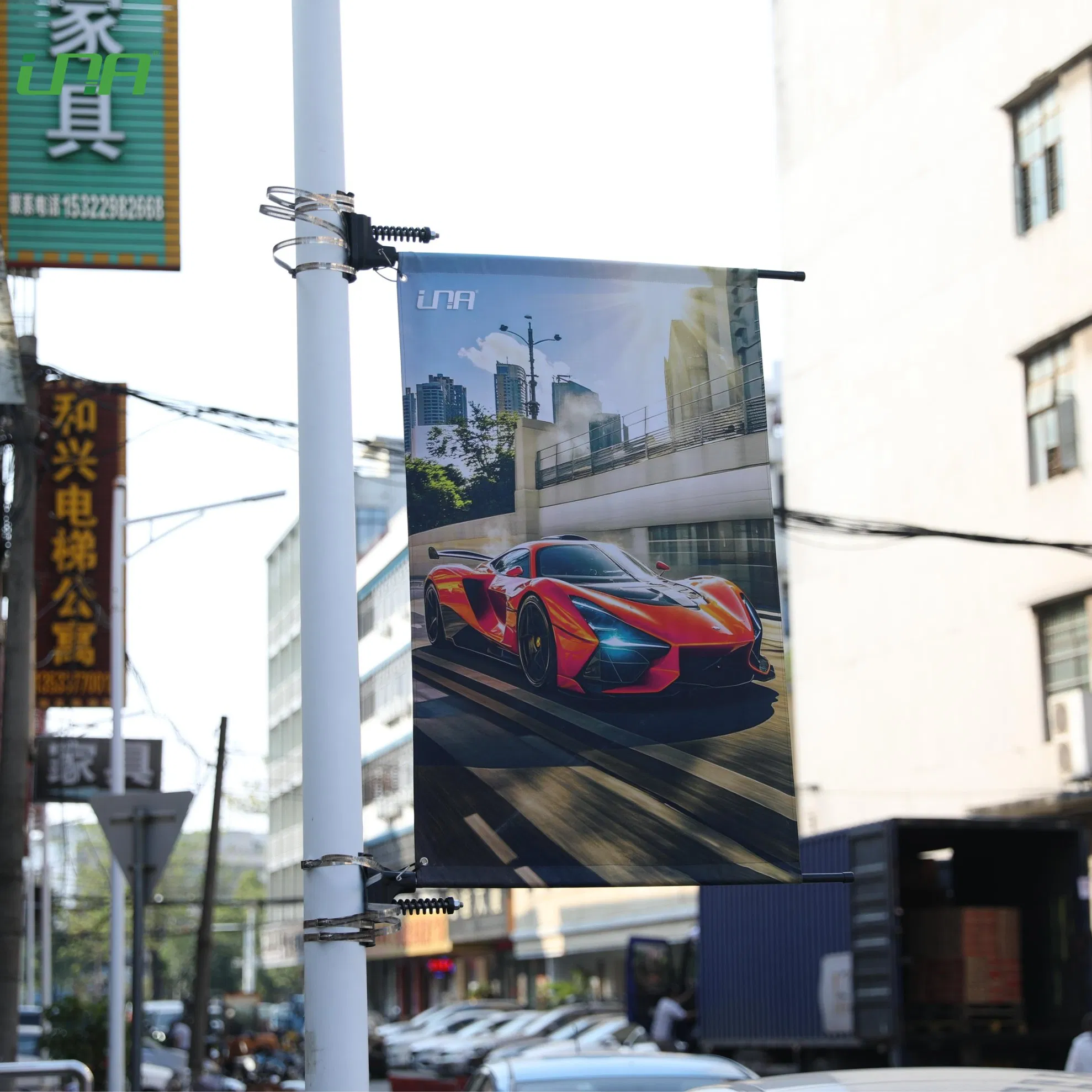 One-Side Ads Lamp Post Outdoor Promotion Light Pillar Spring-Loaded Banner Saver Set