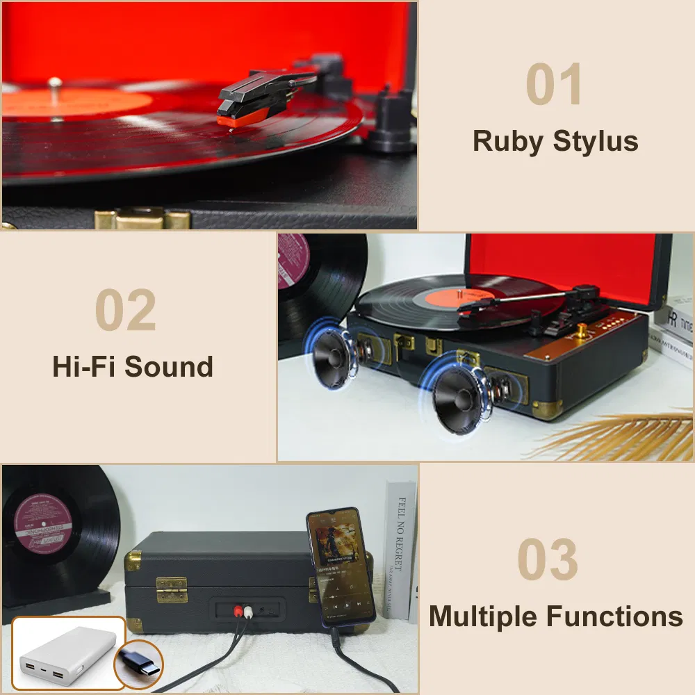 Tr103 Multifunction Precision Turntable HiFi Music Inyl Lp Record Player Speaker Suitcase Turntable Gramophone with USB Play Burning
