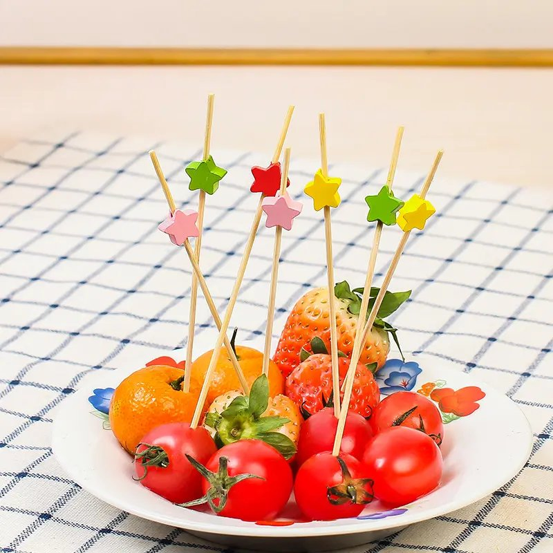 100 Sticks/Pack Dessert Fruit Fork Cocktail Sticks Colorful Star Fruit Bamboo Sticks