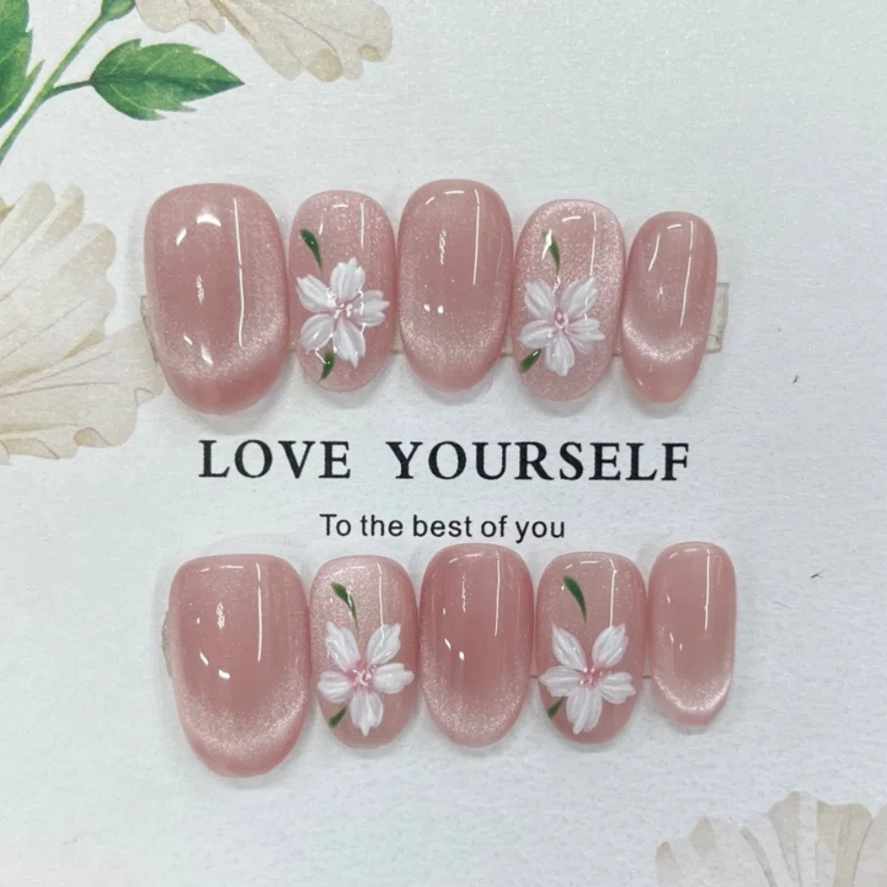 Artisan Hand Painted 3D Floral Cat Eye Press on Nails Set