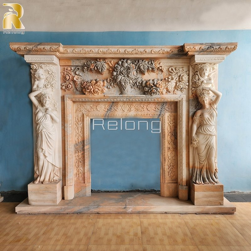 Hand Carved Natural Marble Stone Fireplace Surround for Sale