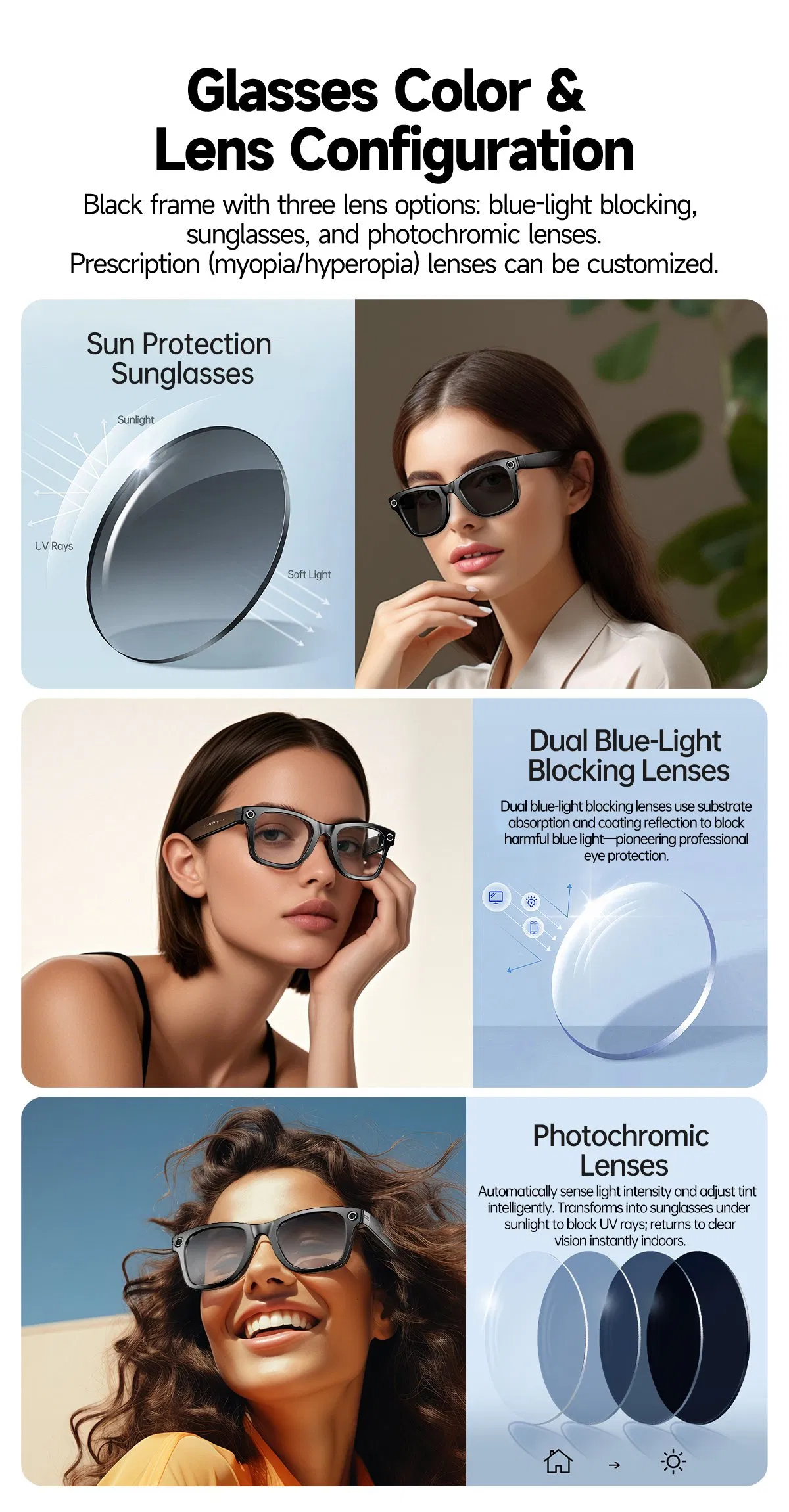 42 Grams Lightweight Overall Weight for Comfortable Wearing, Customized Smart Sunglasses