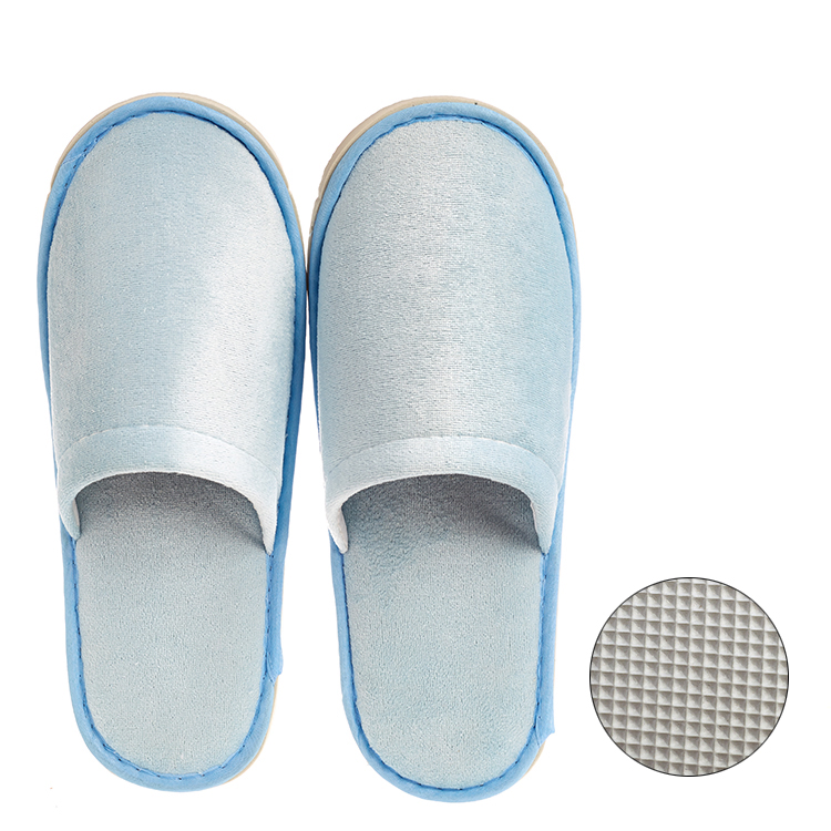 Wholesale Custom High Quality Cheap Blue Velvet Hotel Bedroom SPA Guest Disposable Closed Toe Slippers with Logo