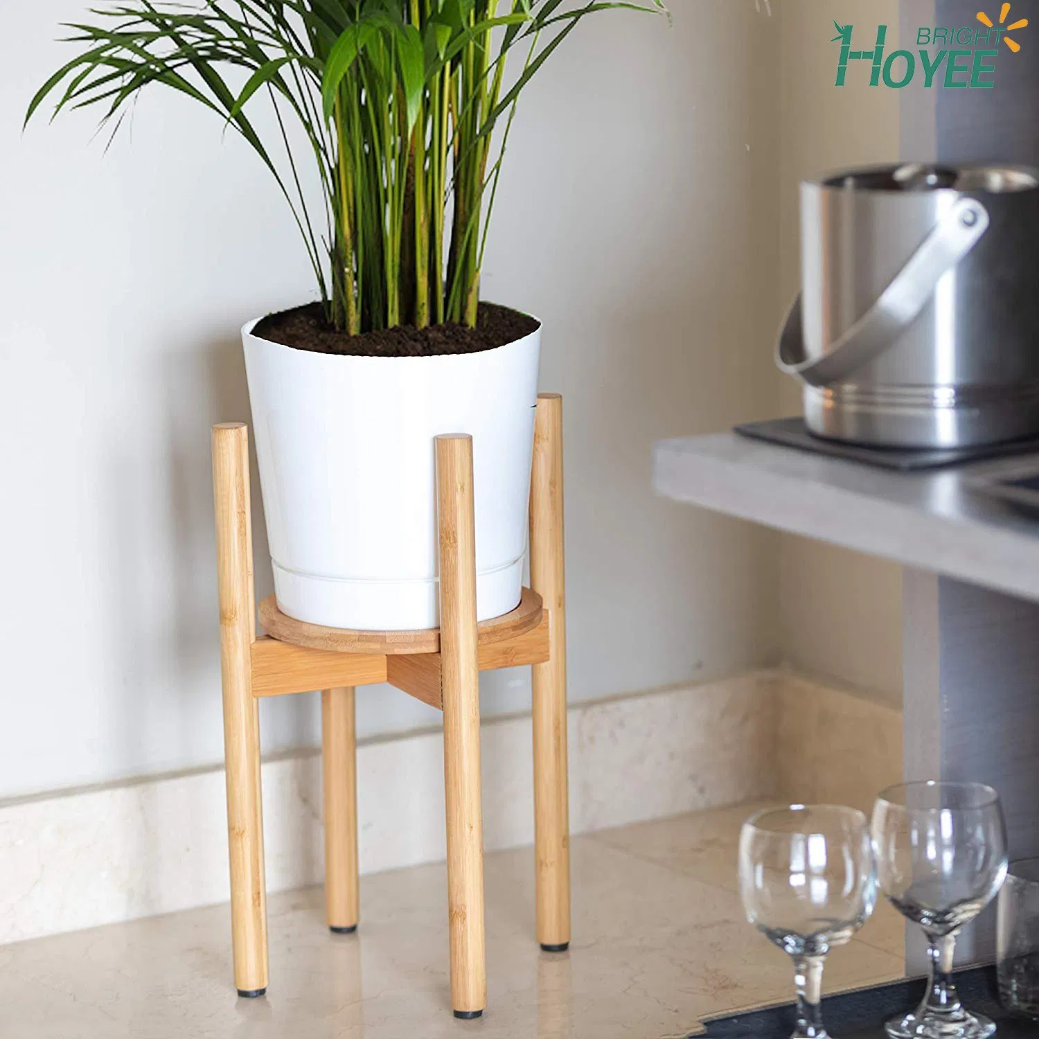Banmboo Plant Stand MID Century Flower Pot Holder Indoor Modern Bamboo Stand Fits 7" Pot -Saucer Tray