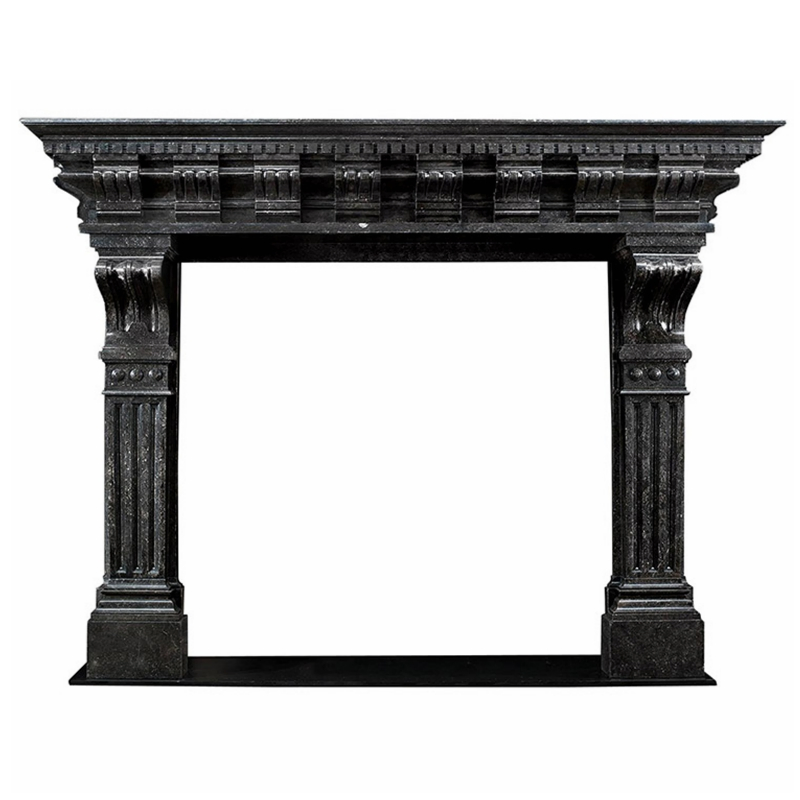 Large Decorative White Marble Fireplace Frame with Relief of Vase and Flowers