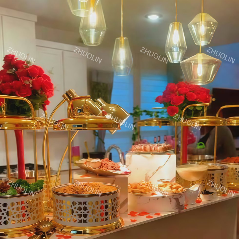 Luxury Commercial Hotel Restaurant Food Warmer 8L White Gold Chafing Dish Floral Buffet Equipment Chaffing Dish Set with Hanging Lid
