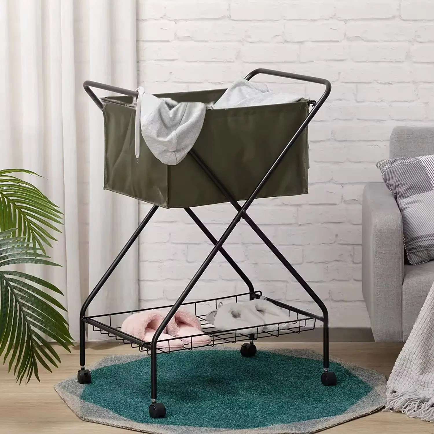 Customized Rectangle Rolling Canvas Hotel Home Laundry Cart Basket Hamper with Wheels