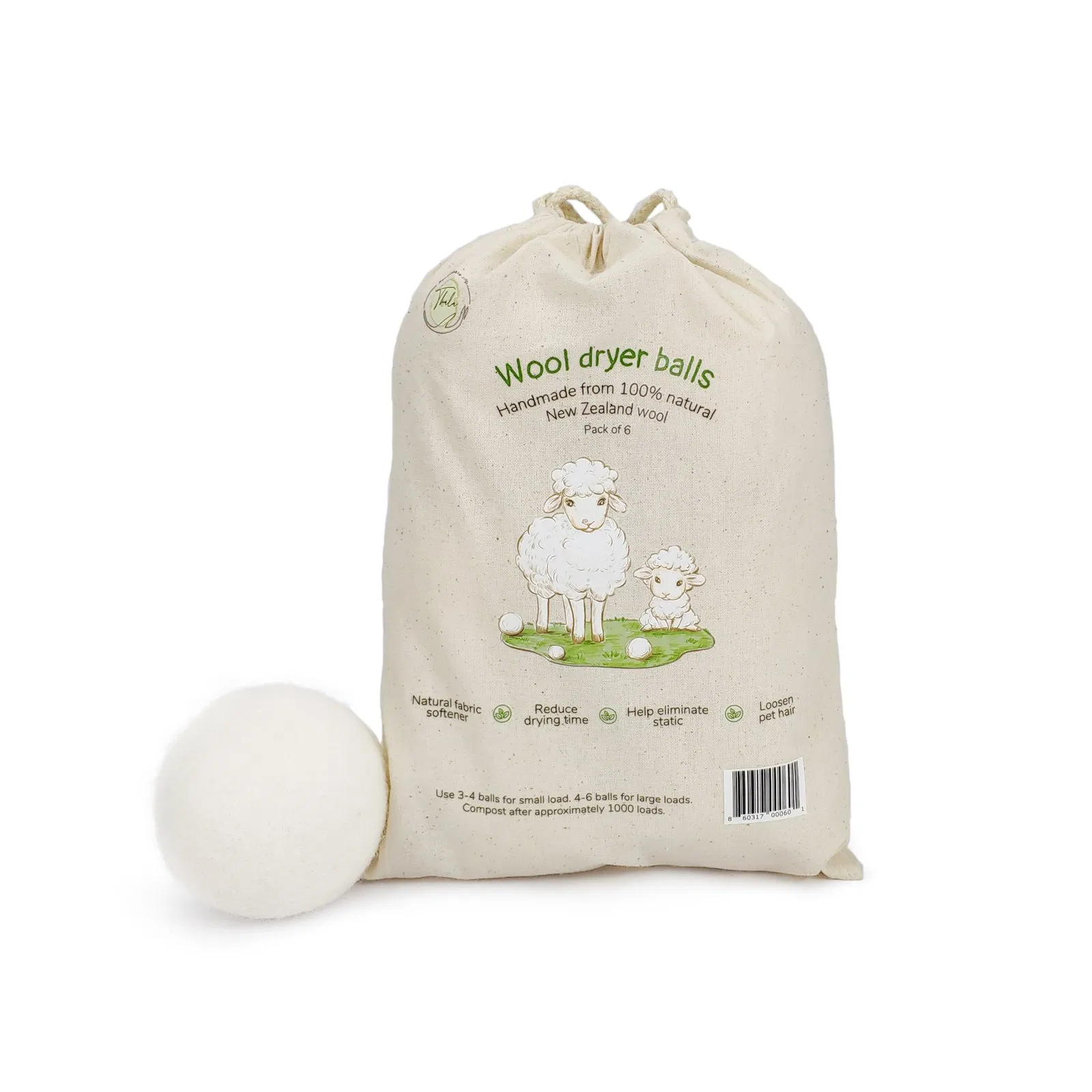 6 Pack Nature Organic 100% New Zealand Wool Dryer Balls for Laundry