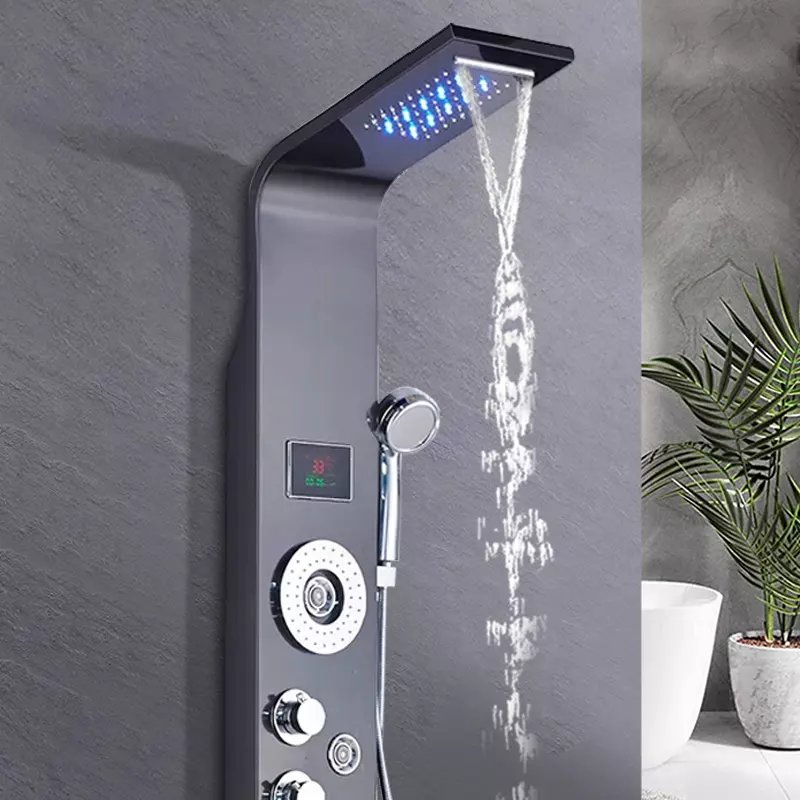 LED Thermostatic Digital Display Shower Panel Bathroom Wall Mounted Stainless Steel Waterfall Black Shower Column Set Tower Massage Jets LED Shower Panels