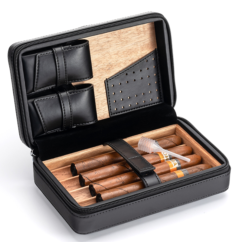 Hot Sale Leather Humidor High End Cigar Cedar Wooden Packaging Case Box Portable Humidor with Customized Logo Zipper Bag
