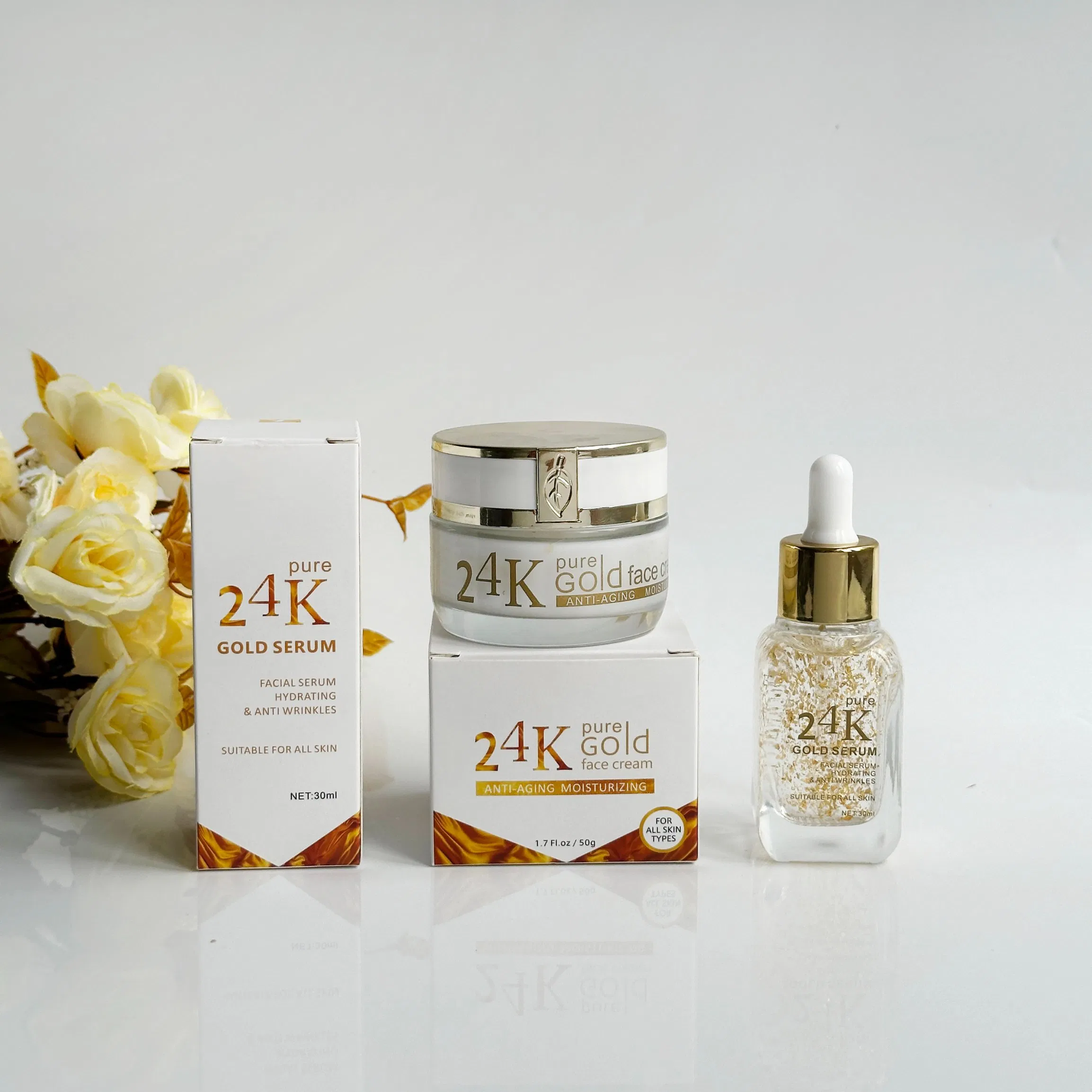 Private Label 24K Gold Face Cream Serum Hyaluronic Acid Collagen Face Cream & Serum Skincare Set Anti-Aging Anti-Wrinkle