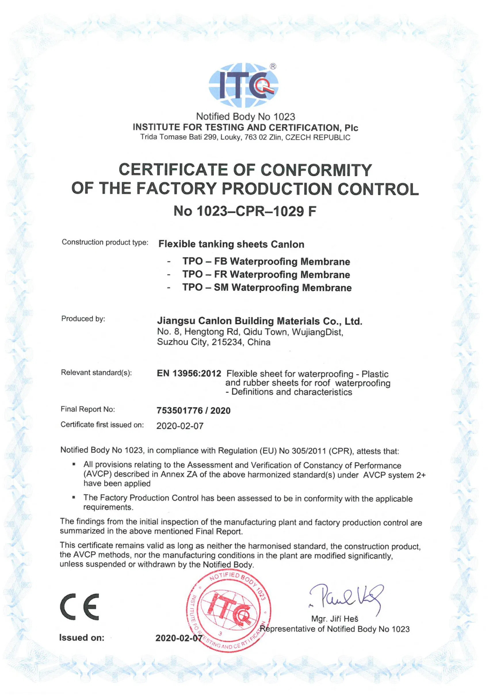 Canlon Tpo (Reinforced/Self adhesive) Waterproof Membrane Roof/Basement/Garage/Tunnel Material