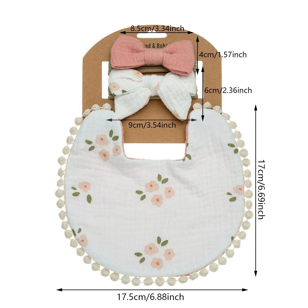 Baby Bibs for Boy & Girl Muslin Baby Drool Bibs for Baby Essential Soft Cotton & Cute Print Baby Feeding Bib with Bow Headband