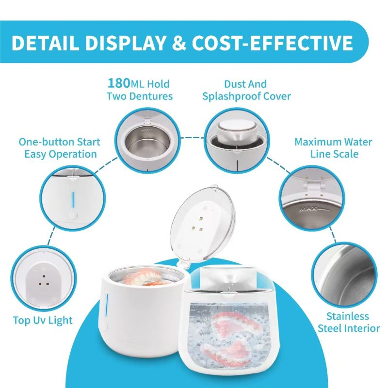 2024 New Products Dental Heating and Drying Function Ultrasonic UV Cleaning Teeth Mouth Guard Ultrasonic Denture Cleaner