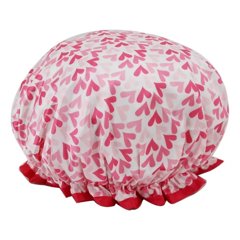 High Quality Loving Heart Printing Shower Caps Satin Waterproof Shower Cap