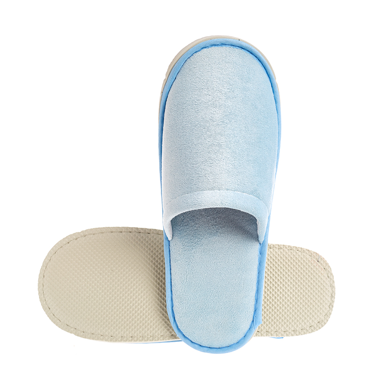 Wholesale Custom High Quality Cheap Blue Velvet Hotel Bedroom SPA Guest Disposable Closed Toe Slippers with Logo