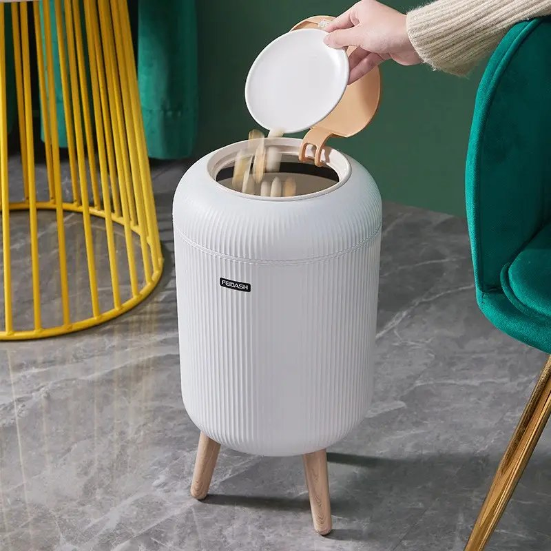 Large Capacity Tall Striped Trash Can with Press Flick Lid Trash Can
