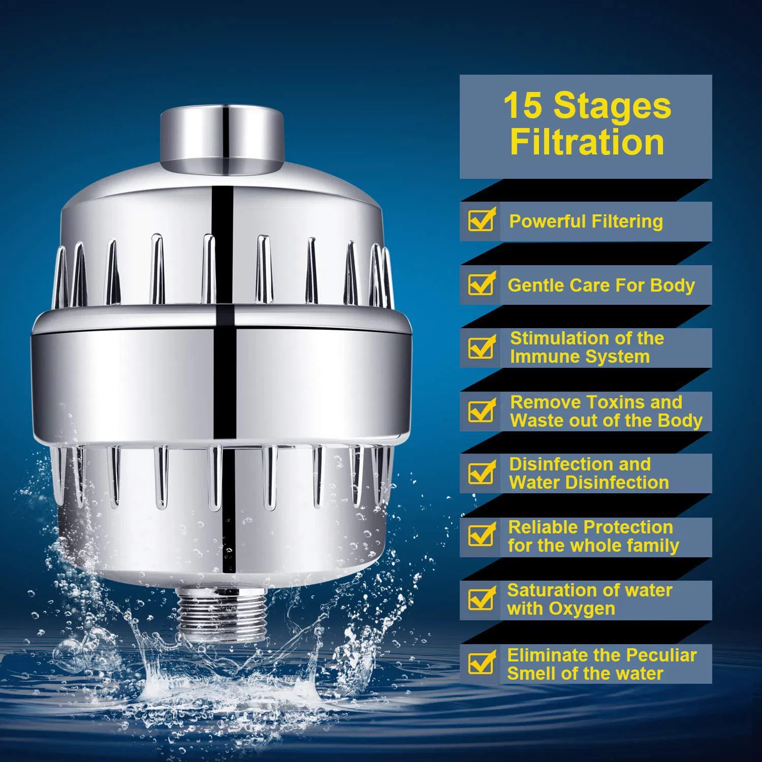 Shower Head and 15 Stage Shower Filter Combo, High Pressure 5 Spray Settings Filtered Showerhead with Water Softener Filter