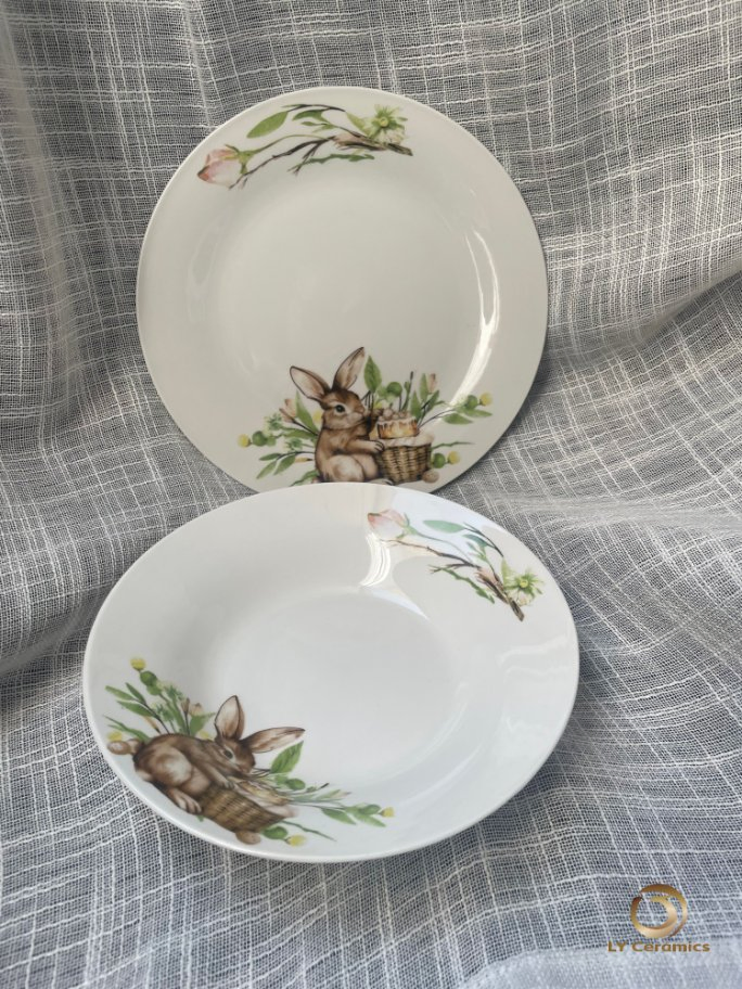 8"Soup Plate 7.5"Dessert Plate Rabbit Decal Porcelainware Ceramic Kitchenware Tableware