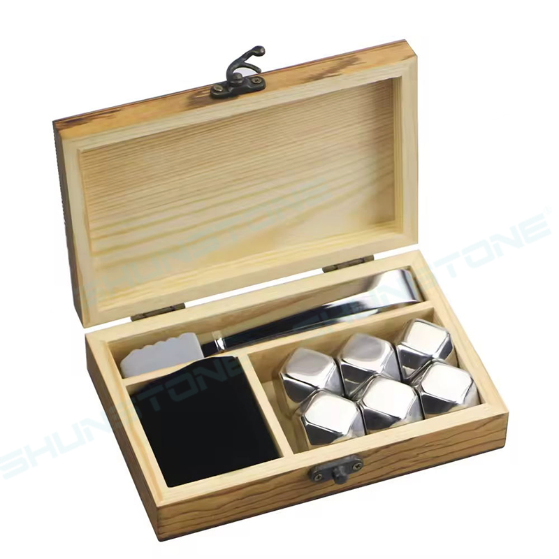 Personalized 6 Stainless Steel Diamond Shaped Whiskey Stone Ice Cubes Gift Set with Wooden Box Christmas Gift Set for Men