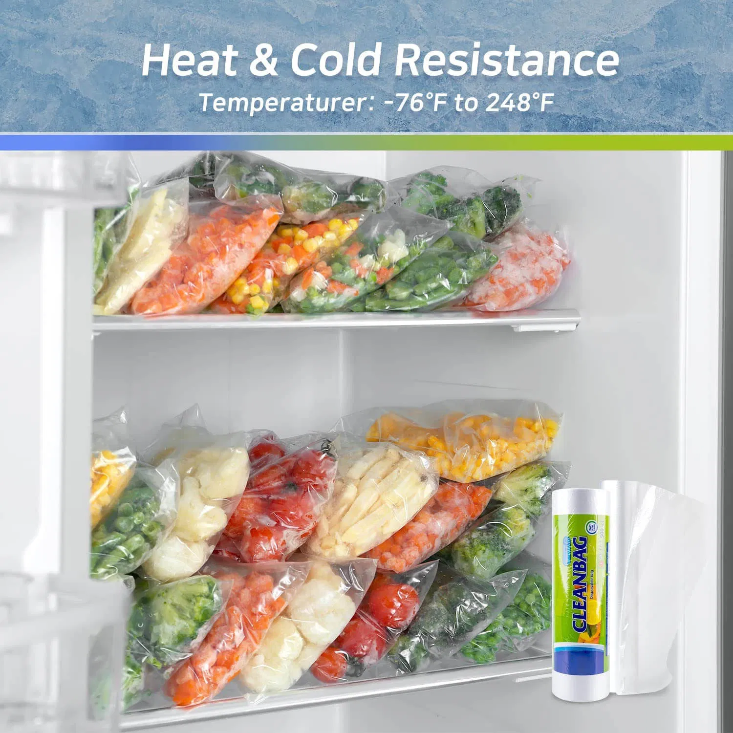 Custom Size and Printing Food Storage Bags Clear Plastic Bags Fresh-Keeping Produce Bags Roll for Food Fruit Vegetable Refrigerator Storage Bags