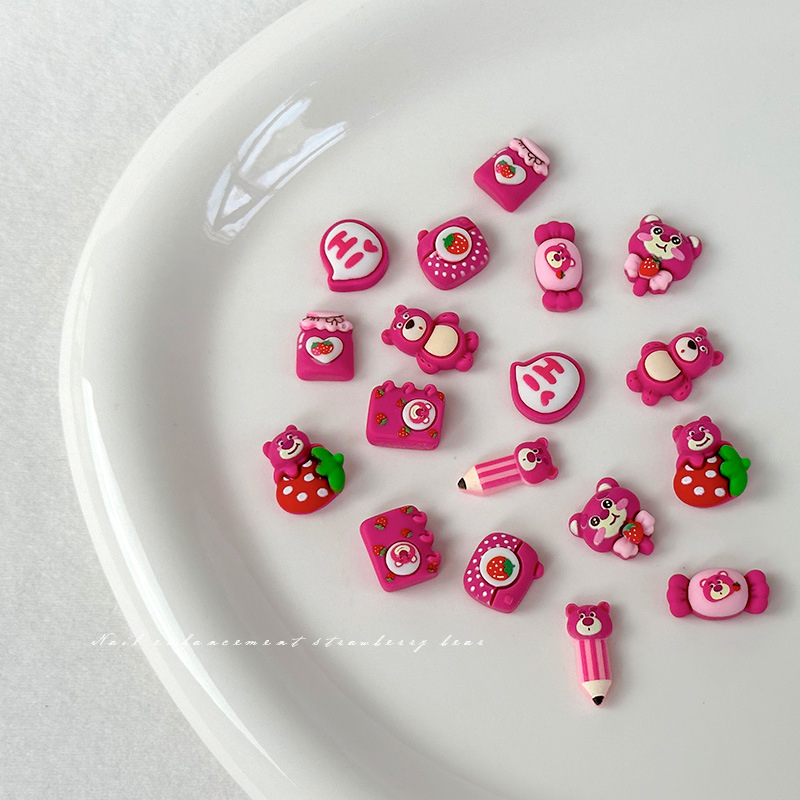 Cartoon Kawaii Resin Rose Red Strawberry Teddy Bear Nail Charms