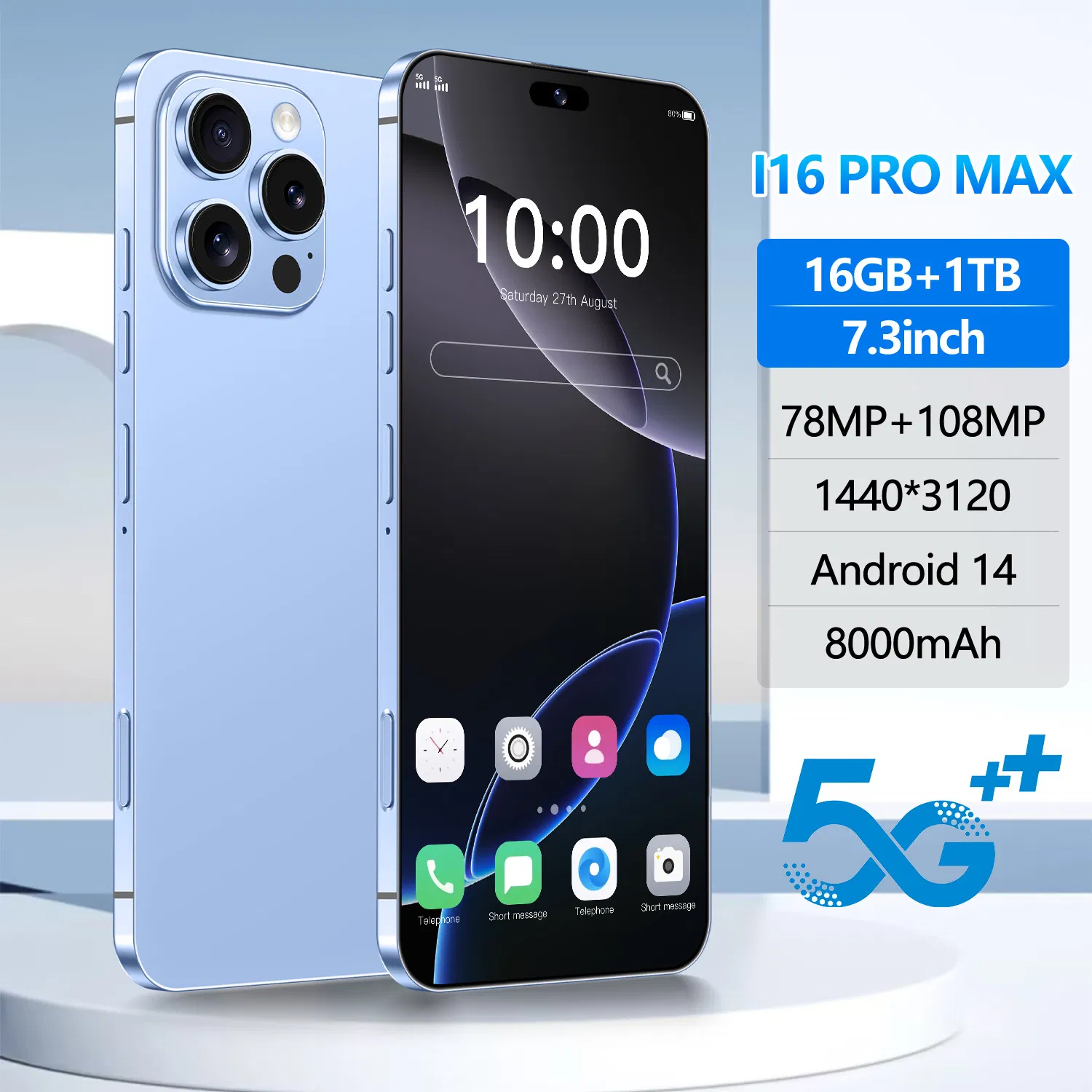 Смартфон I16 PRO Max 2025, 7.3 дюйма, 16ГБ+1ТБ, 5G