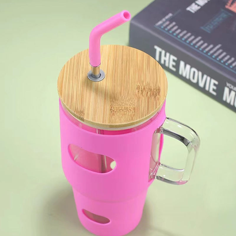 Glass Tumbler with Colorful Silicone Sleeve Cup with Lid and Straw
