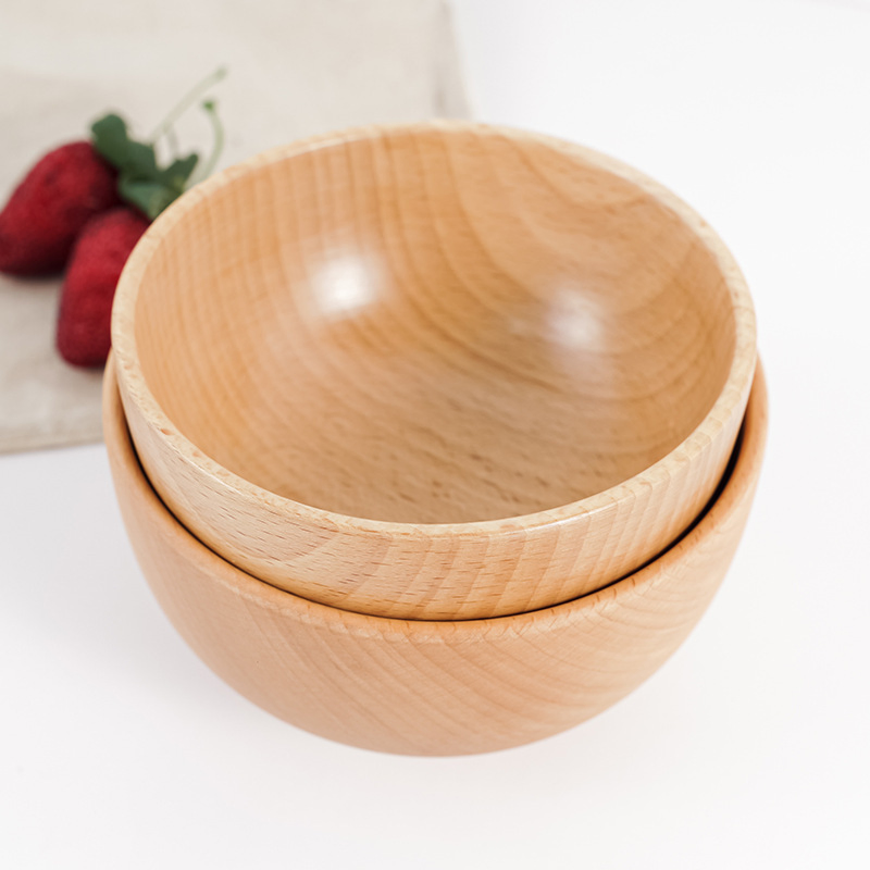 Creative Beech Solid Color Family Wooden Round Salad Bowl