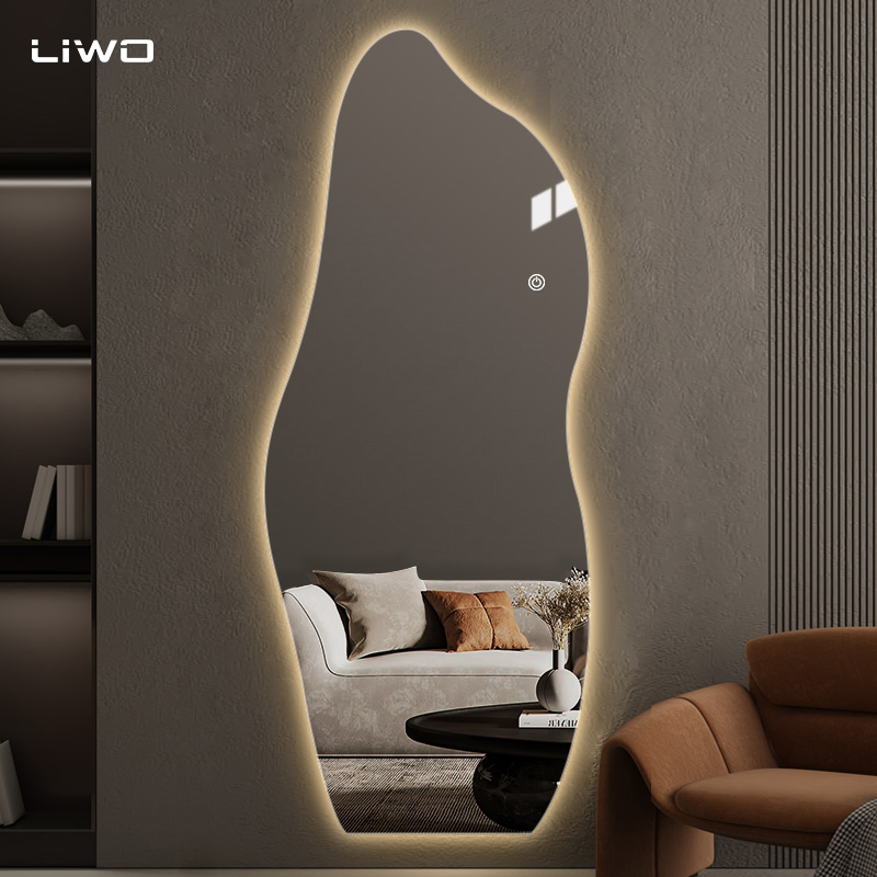 Full-Length Wall-Mounted Irregular Adjustable Light Color Smart Touch Frameless Silver Dressing LED Mirror Modern Home Furniture Decoration