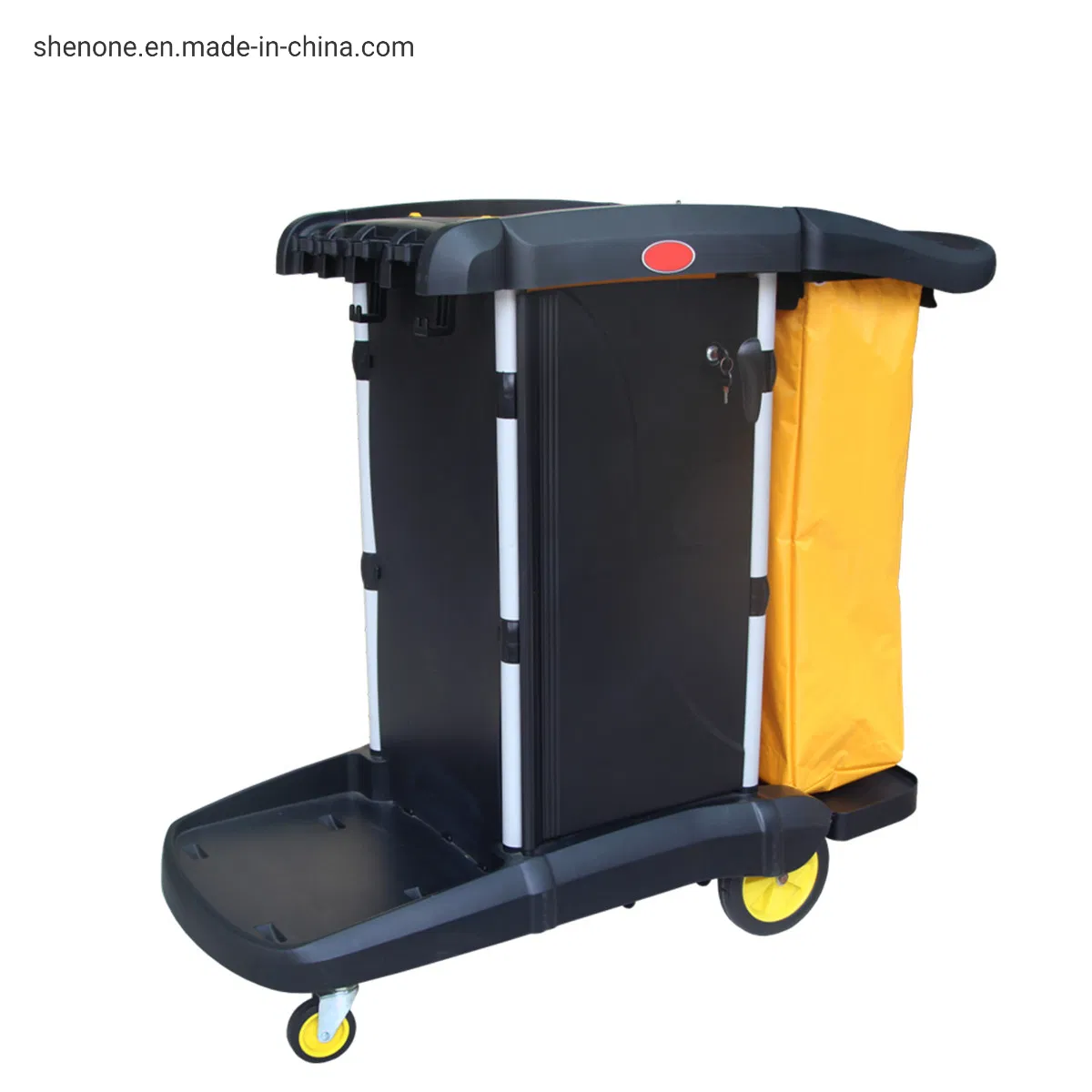 Shenone Best Quality Plastic Multipurpose Hotel Airport Shopping Mall Cleaning Trolley with Sliding Door and Down Press Wringer Bucket