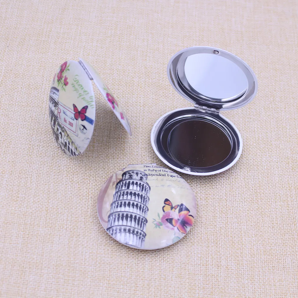 Custom Printed Compact Mirrors Heart Shaped Eiffel Tower Travel Souvenir Pocket Mirrors Portable Folding Makeup Mirrors Metal Mini Purse Mirrors