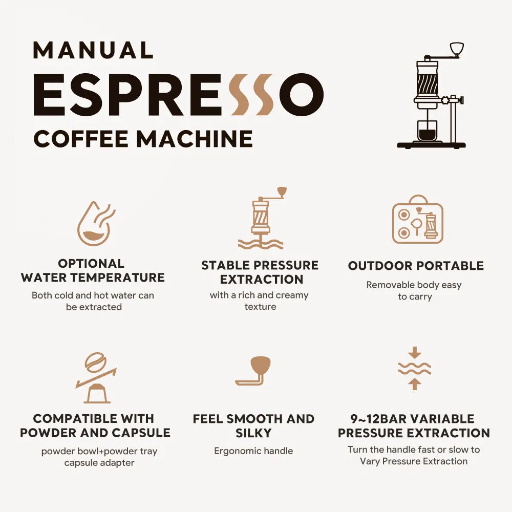 Manual Espresso Coffee Single Coffee Brewer 9~12 Bar Variable Pressure Extraction