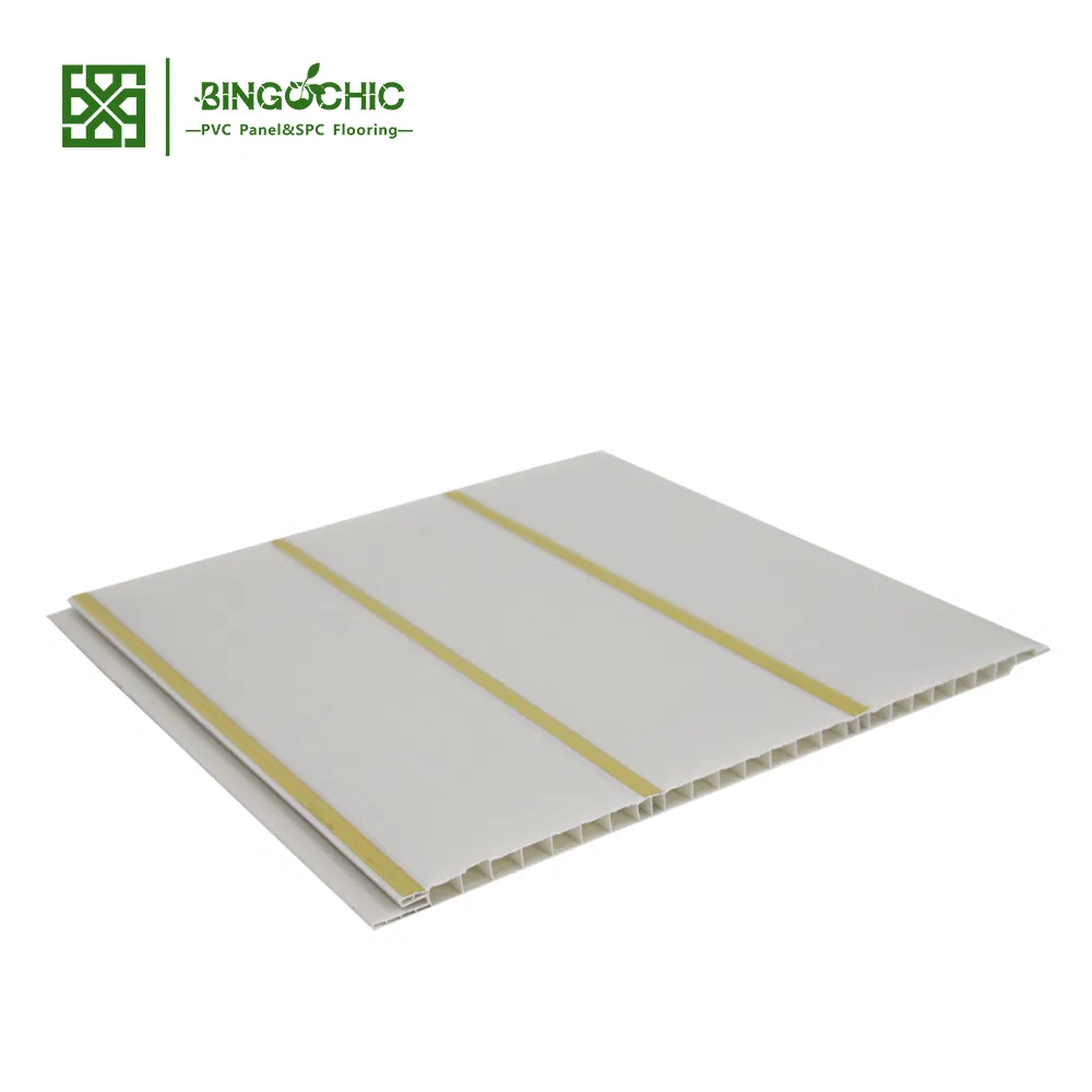 Three Sliver Gloden Lines Printing PVC Tiles Ceiling Panel
