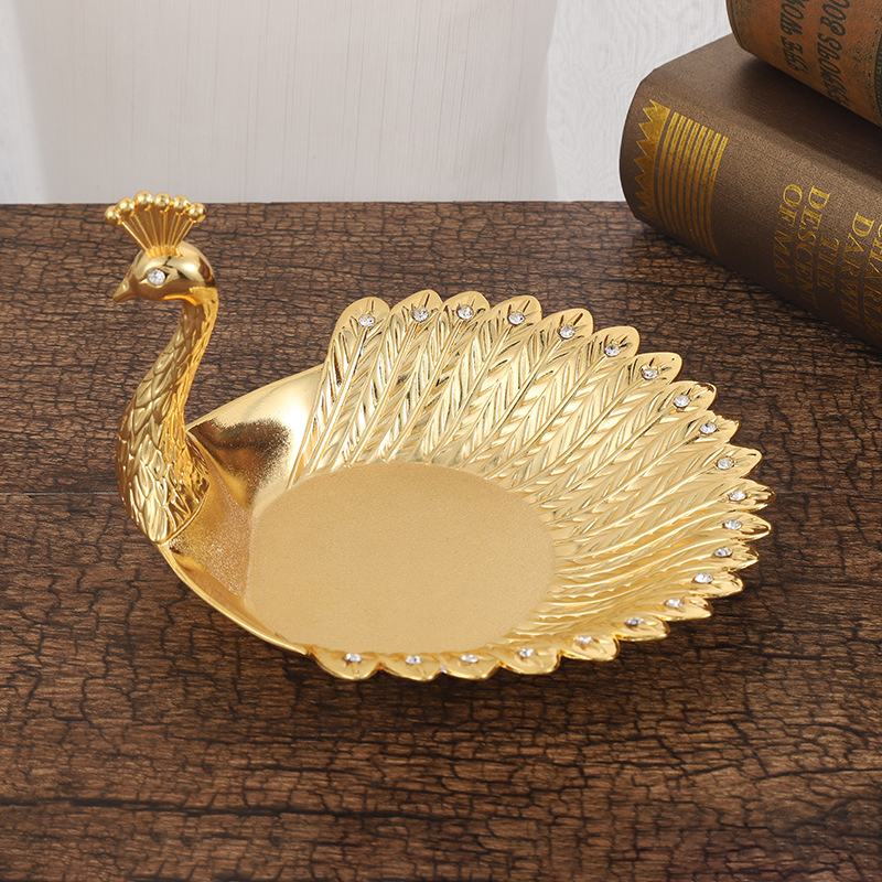 Metal Fruit Bowl with Peacock Gold Engraved Dried Fruit Plate Snack Tray