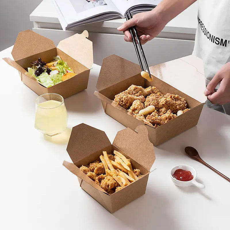 700ml to 1300ml Custom Disposable Restaurant Togo Container Take Away Lunch Packing Boxes for Fast Food Grade Kraft Paper Packaging Box