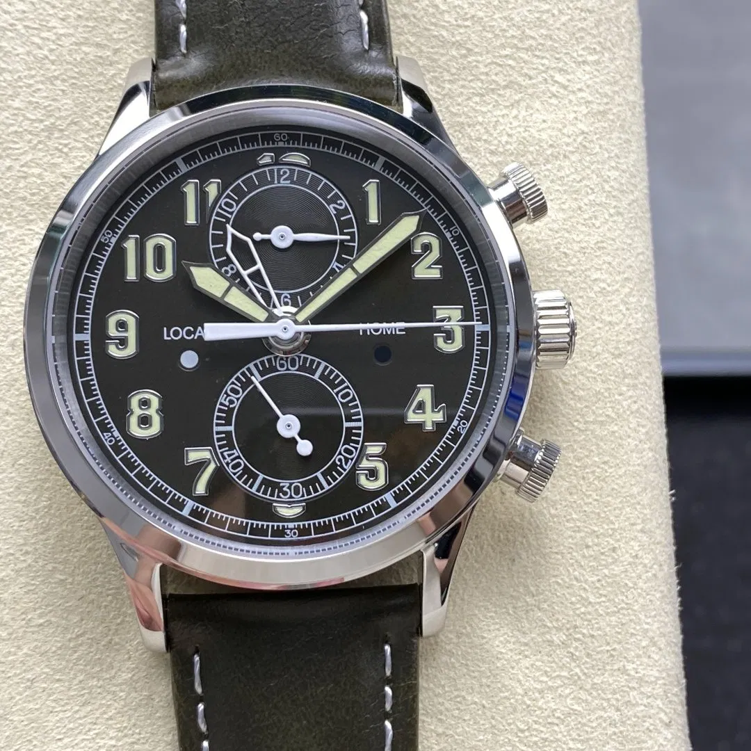 Classic Pilot Chronograph Watch, Stainless Steel Case, Vintage Luminous Markers, 3-Eye Chronograph Function, High-End Mechanical Watch