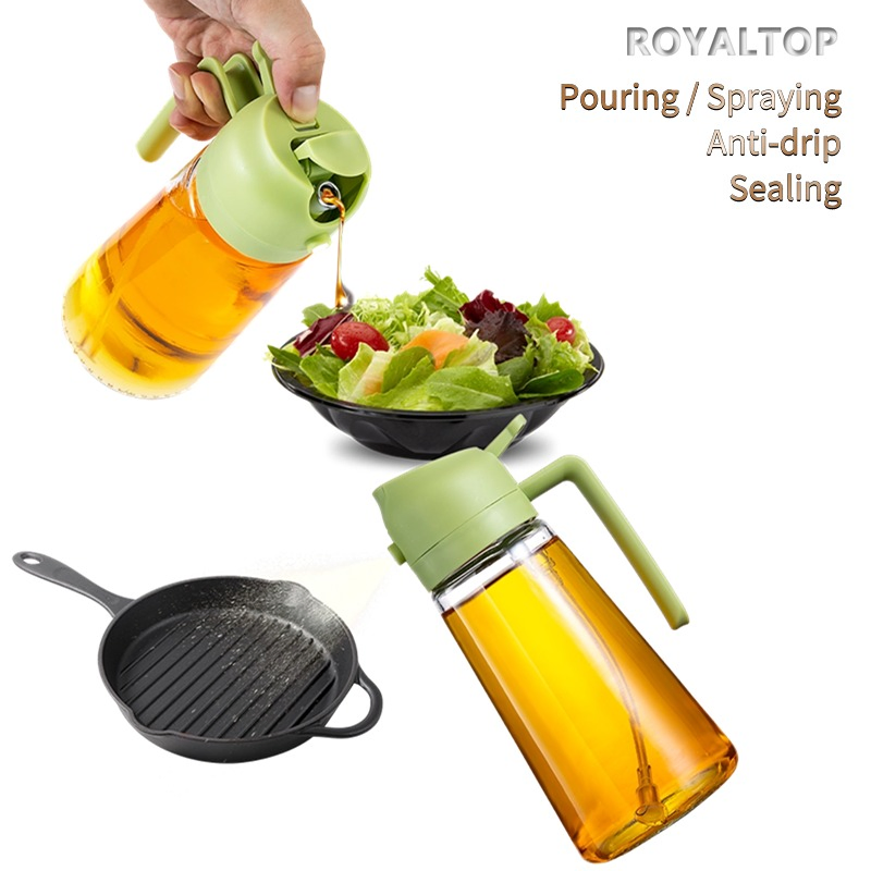 Novel Dark Green Brown Glass Olive Oil Vinegar Dispenser 470ml 2 in 1 Oil Spray Bottle for Kitchen Cooking Camping Grilling