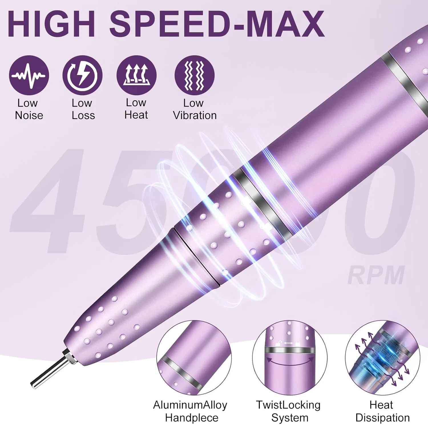 Professional 45000rpm Nail Drill 4000mAh High Capacity Rechargeable Electric Nail File
